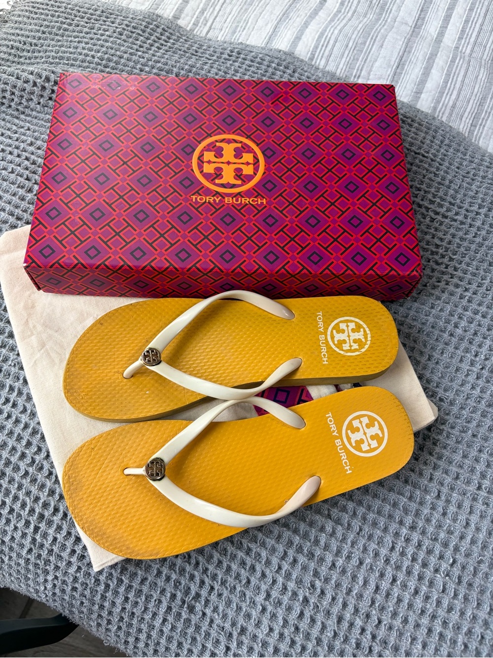 Tory Burch Mustard Yellow Flip Flops with White Straps